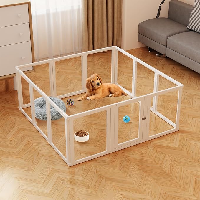12PCS DIY Dog Playpen Transparent Acrylic Dog Playpen Indoor, Easy Assemble & Disassemble Clear Acrylic Playpen for Dogs, Acrylic Dog Pen with Gate, 23.6" Height