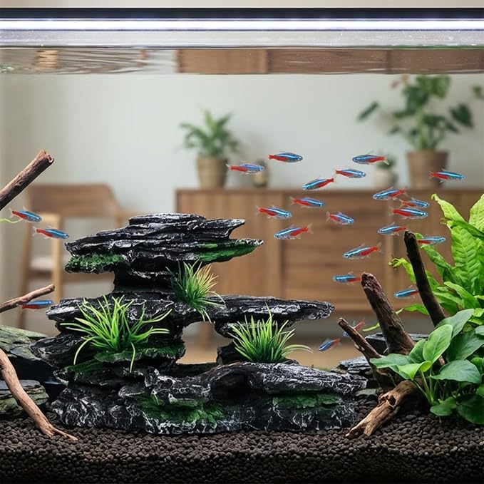 Aquarium Decor Mountain View Stone Ornament, Premium Landscape Fish Tank Decorations, Fish Tank Accessories, Ideal for Betta, Snails, Turtle, Hiding, Playing, Basking and Resting Spots