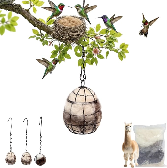 Bird Nesting Material, Hummingbird Nesters, Natural Alpaca Wool Material for Wild Birds, Design for Bird Lover Gifts, Nesting Balls for Wild Birds, Refillable Outdoor Birds Nesting Station(3pcs)