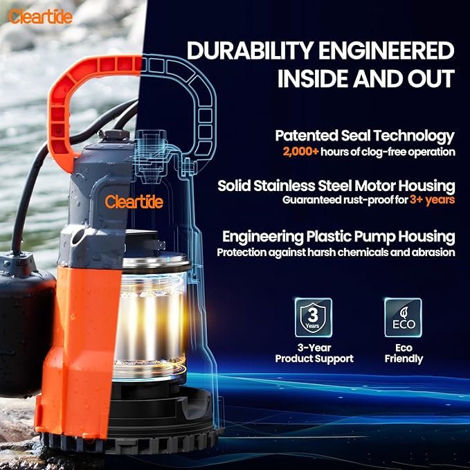 Cleartide Submersible Water Sump Pump with Float Switch, 1/2 HP 3060 GPH High Flow, Ideal for Yard and Flooded Cellar, Hot Tub, Garden Irrigation, Debris-Handling up to 3/8", 10 FT Cord