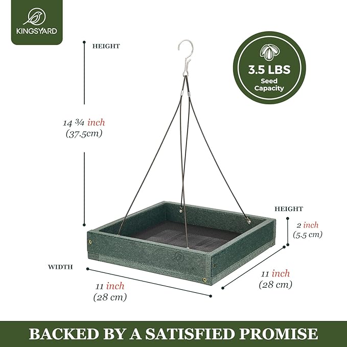 Kingsyard WPC Composite Platform Bird Feeder for Outside, Heavy Duty Hanging Tray for Mealworms & Seeds, 3.5 lbs Large Capacity, Weatherproof Recycled Plastic Material, Easy to Clean, Green