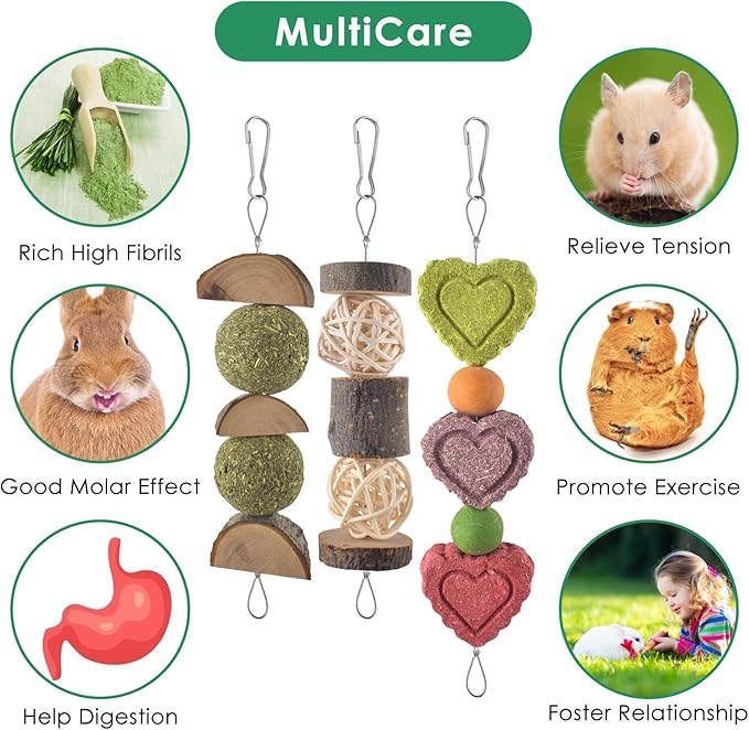 KATUMO Rabbit Chew Toys with 3 Types of Strung Hanging Toys, Natural Bunny Teeth Care Chew Kit Apple Wood Sweet Bamboo Grass Timothy Sticks for Guinea Pig, Hamster, Chinchilla, Small Animals