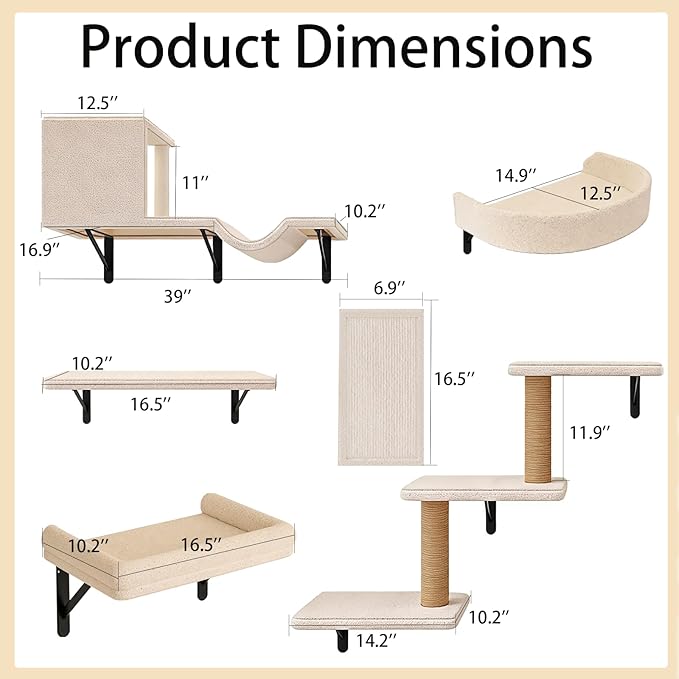 Cat Wall Shelves, 10-Piece Complete Cat Wall Furniture System with Perches and Scratching Posts, Stable Floating Climbing Set for Large Indoor Cats, Space Saving Kitty Furniture - Beige