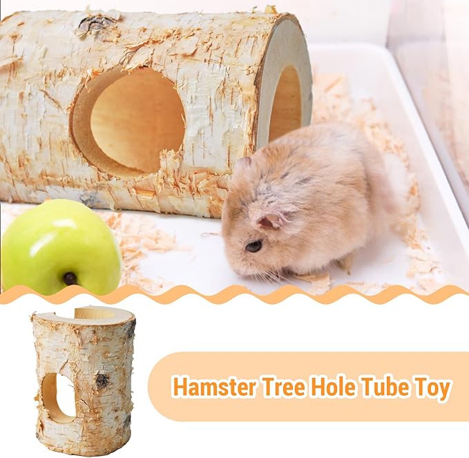 Natural Wooden Hamster Tunnels,Birch Wood Hamster Tube Guinea Pig Hollow Tree Hole Chew Toy Hideout Climbing Pet Cage Accessories for Hamsters Chinchillas Gerbils Dwarf Mice Rats