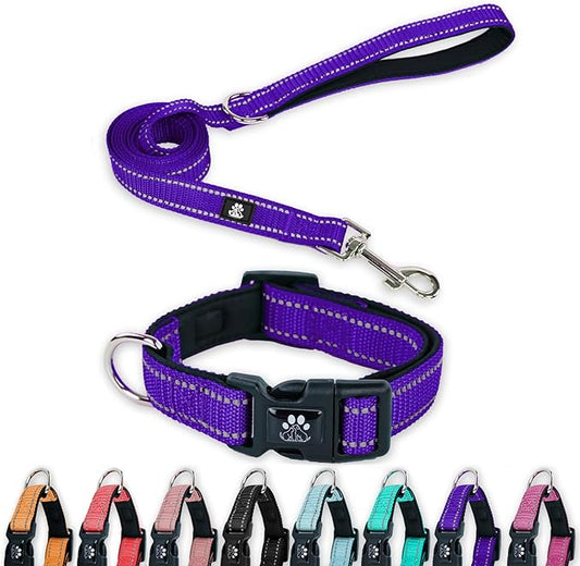 FURRYFECTION Reflective Dog Collar and Leash Set with Quick Release Buckle, Padded with Neoprene Adjustable Nylon Dog Collar for Small Medium and Large Dogs (Large Collar+5FT Leash, Purple)