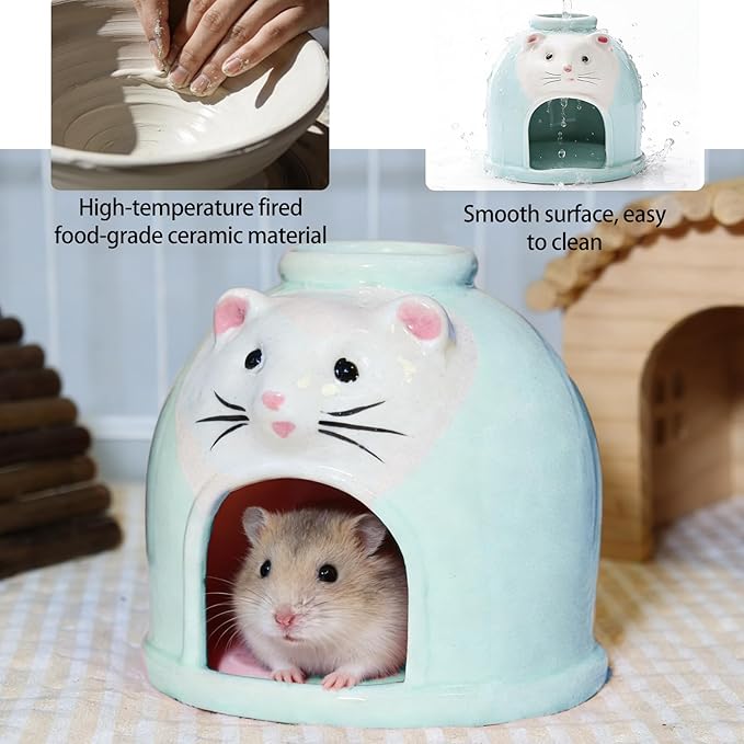 Ceramic Hamster Hideout Syrian Hamster House and Habitat Gerbil Hideaway Cooling Cave for Rat Mice Cage Decor Accessories (Blue)
