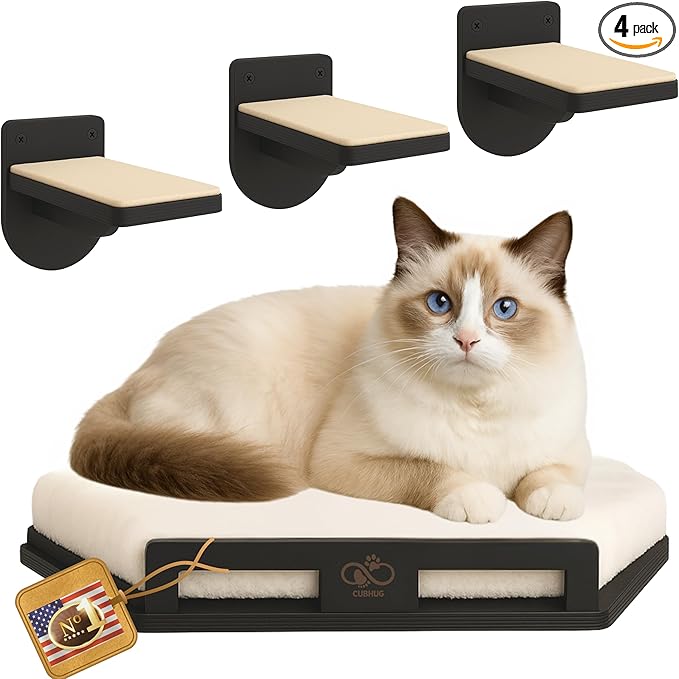 Cat Wall Shelves for Cats & Kitten up to 25 lb – Solid Wood Cozy Corner Bed + Cushion with 2 Washable Covers + 3 Wooden Steps, Safe Haven for Indoor Cats, Cat Shelves for Wall, Black