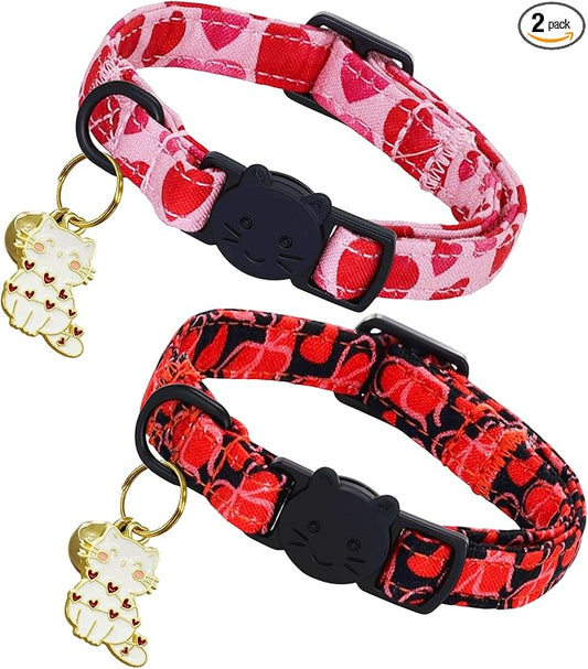 Elegant little tail 2 Pack Cat Collar- Valentines Cat Collars Breakaway with Bell Pendant Wedding Kitten Boy Girl Safety Adjustable 7-12 Inch Collar for Small Cats Puppy
