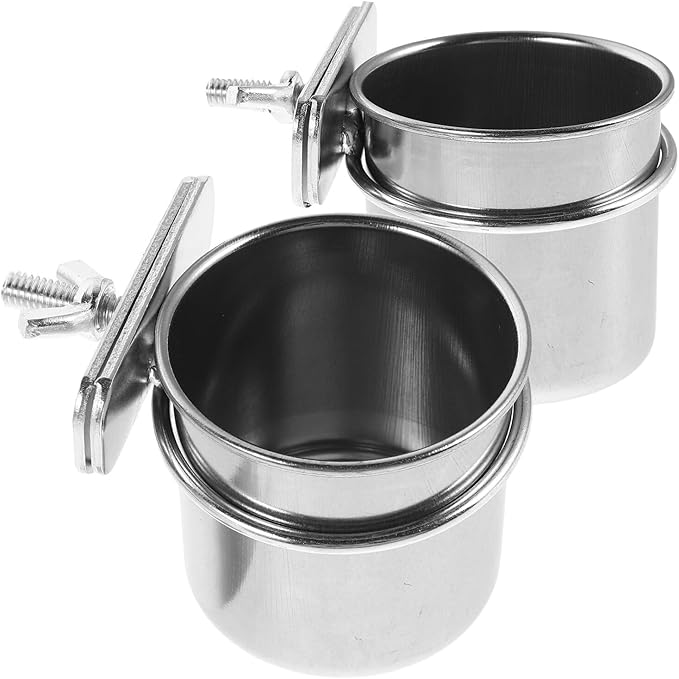2pcs Stainless Steel Parrot Food Bowl with Clamp Holder, Bird Cage Feeding Coop Cups 4.4cm 5.5cm for Small Birds and Pet Parrots