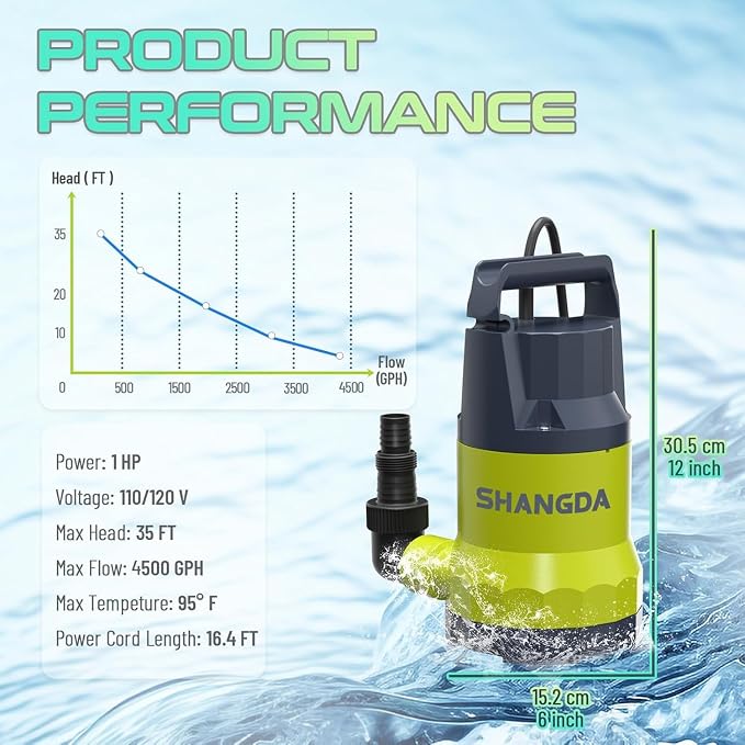 Sump Pump 1HP Submersible Water Pumps 4000GPH Electric Water Pump for Pool Draining Spa Hot Tub, Yellow