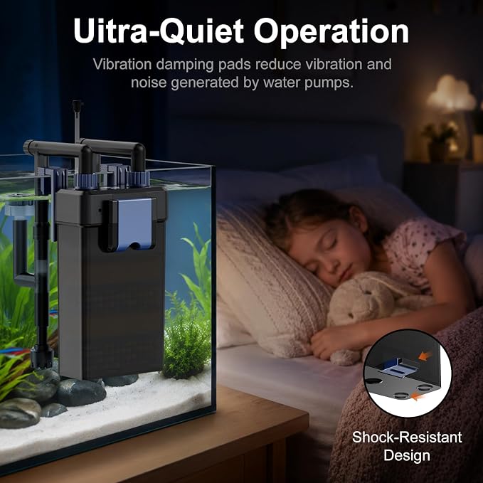 Hang-On-Back Aquarium Filter (8W, 14-26 Gal) | Quiet Fish Tank Filter，4-Stage Filtration，USB Powered，Anti-Dry Burn Motor，Adjustable Flow，Oil Skimmer