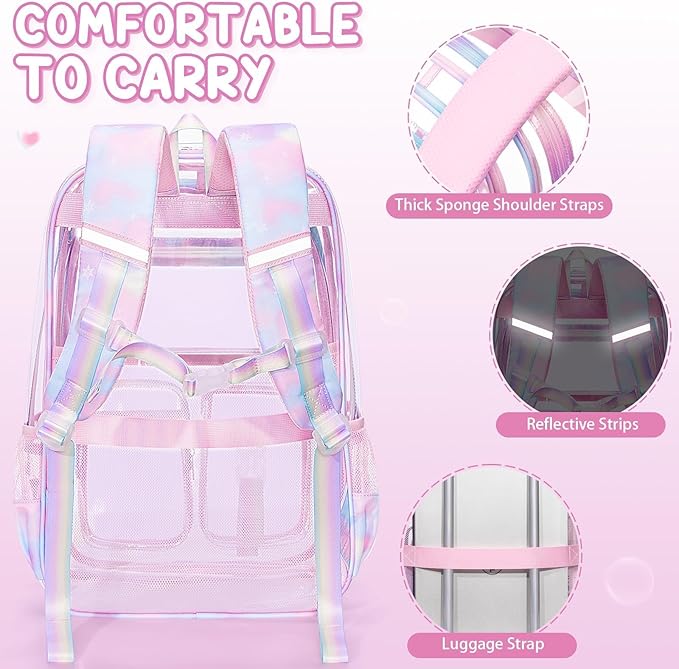 Fimibuke Clear Backpack for Girls, 3PCS Heavy Duty PVC Transparent Girls Backpack with Lunch Box & Pencil Case School Stadium Approved Cute Toddler School Bookbag for Preschool Kindergarten Elementary