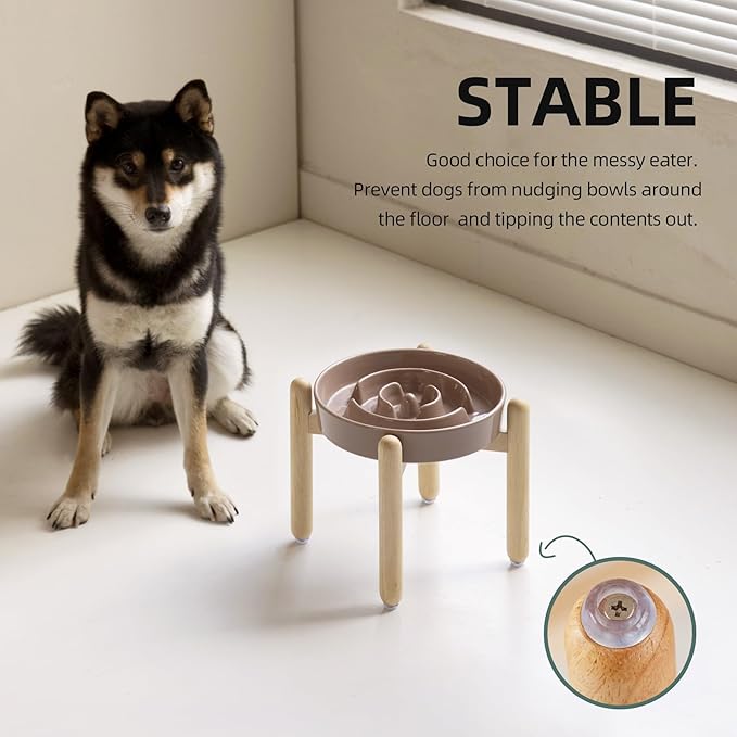 Havniva Ceramic 1.6 Cup Raised Slow Feeder Dog Bowl Set, Elevated Wooden Stand for Medium and Large Dog, 8.2inch Puzzle Slow Dish, Anti-Gulping(Brown Coffee, Single Bowl+ Stand)