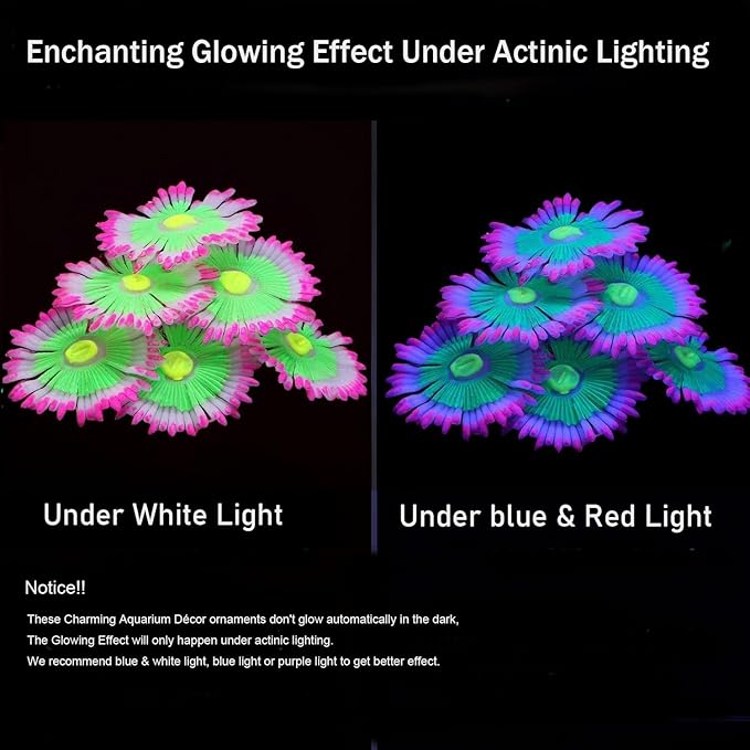 ZtohPyo Glow Fish Tank Decorations, Soft Silicone Coral for Small Aquariums | Soft, fin-friendly neon pink and green silicone coral glows under blue or purple light; its 5.5 oz weighted base stays put.