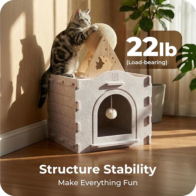 Apasiri Cat Bed Cave for Indoor Cats: New Felt Cat Bed with Fluffy Ball Hanging, Foldable Cat House with Scratch-Resistant Board, Hideaway Cat Cave for Timid Cats, Sturdy Two-Tier Cat Condo - Gray