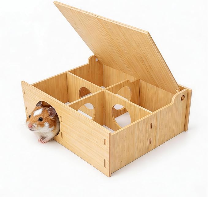 Hamster Tunnel Hideout Wooden House with Flip Cover, Small Pet Hamster Hideout Play Tunnel for Hamsters Mice Gerbils, Natural Wood Hamster House for Cage Explore Hide Rest