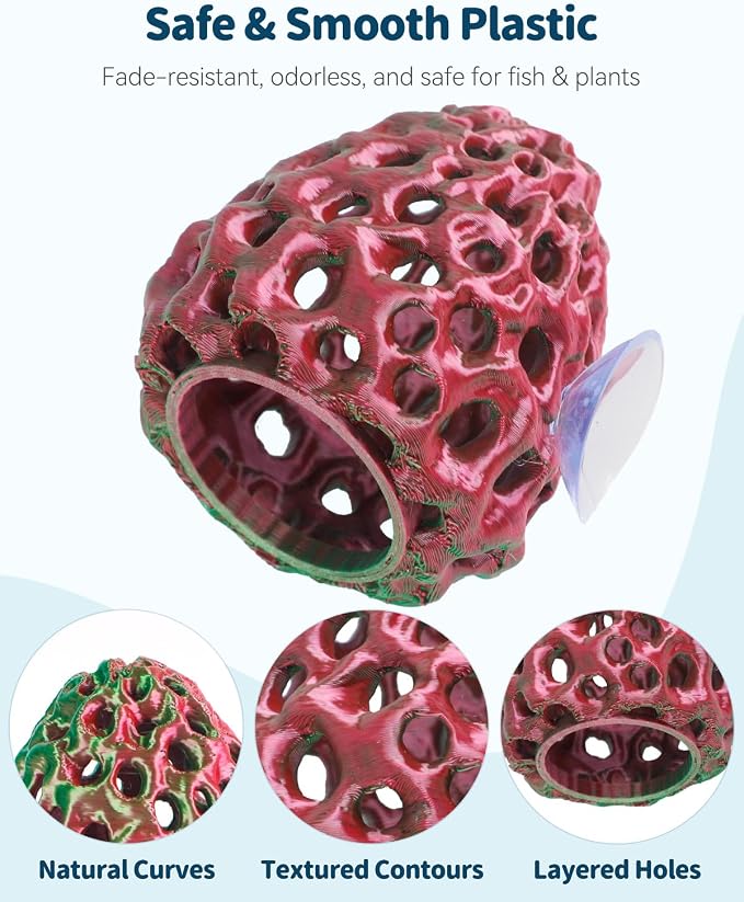 Uniclife Shrimp Cave, Shrimp Hides for Aquarium, Realistic Plastic Aquarium Coral Rock Decorations with Suction Cup, Betta Hideout Tank Accessories for Fish Tank Decor, Red-to-Green Gradient