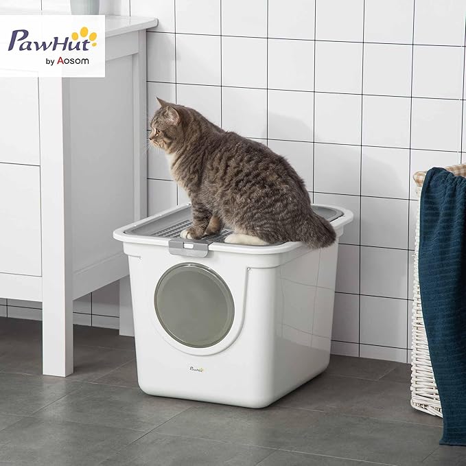 PawHut Cat Litter Box with Lid, Covered Kitty Litter Box with Front Entrance, Top Exit, Scoop, Easy Cleaning Cat Toilet for Odor Control, Privacy, White