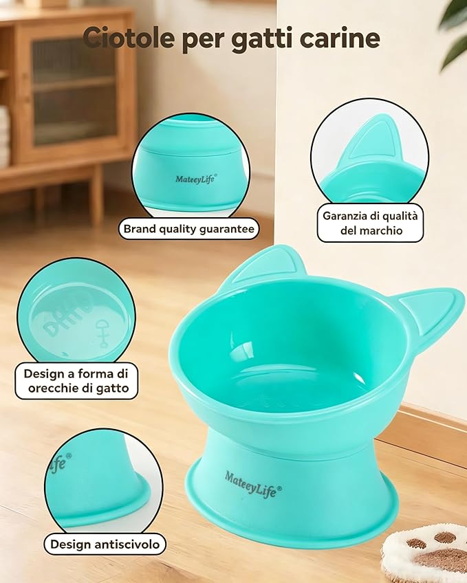 MateeyLife Elevated Cat Bowls, 2P Raised Food and Water Bowl Set for Indoor Cats & Small Dogs, Whisker Fatigue Cat Bowl, Anti Vomit Feeding Pet Bowls, 6 oz Each, Dishwasher Safe - Pink & Green