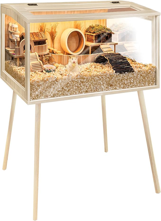 PROLEE Hamster Cage Wooden Chew Proof, Extra Large Mice and Rat Habitat Openable Top with Acrylic Sheets Solid Built Small Animal Cage with Leg Stands, 24 Inch Long
