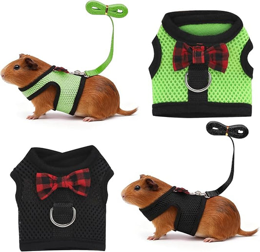 Guinea Pig Harness and Leash，2packs Guinea Pig Clothes Baby Ferret Rats Hamster Soft Mesh Harness Leash for Decoration，Hamster Harness can be Adjusted to Any Size. (Black + Green)