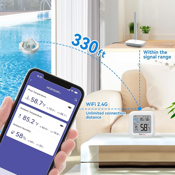 Smart Pool Thermometer with WiFi Gateway, Digital Floating Anti-Fog 360° Reading with IPX7 Waterproof, Remote App Notification Alert for Hot Tub/Ice Bath/Swimming Pool/SPA/Aquarium/Pond