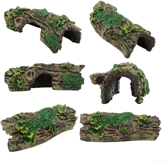 Resin Hollow Tree Trunk Betta Log Cave 1pcs with Aquarium Plants x 8pcs - Fish Tank Decorations for Betta Fish, Small Fish & Shrimp, Aquarium Ornament Hideout
