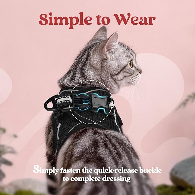 rabbitgoo Cat Harness and Leash Set for Walking Escape Proof, Adjustable Soft Kittens Vest with Reflective Strip for Cats, Comfortable Outdoor Vest, Black, S