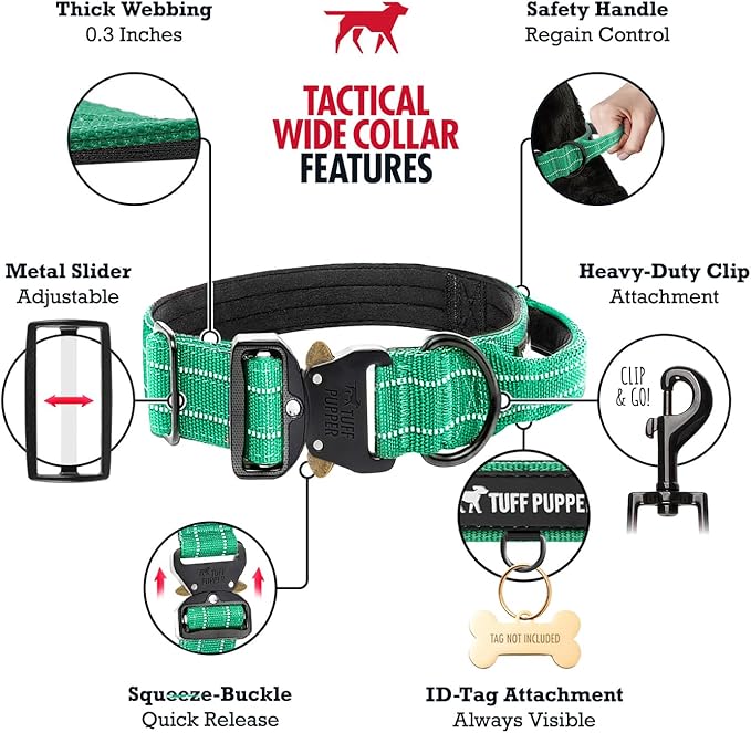 Tuff Pupper Tactical Dog Collar | Heavy Duty 1.5" Wide Ballistic Nylon | Training Control Handle | Quick-Release Metal Buckle | Reflective Bands | ID Tag Holder | Padded Inner Lining (Green, Large)