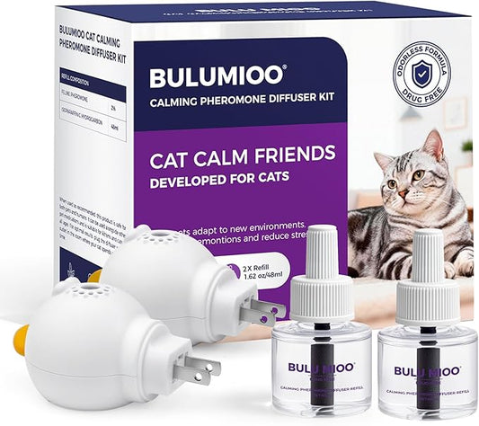 Cat Calming Pheromone Diffuser Set (Dual Zone Coverage) – 2 Diffusers + 2 x 48ml Refills – Helps Reduce Urine Spraying, Scratching & Fighting – Unscented Stress Relief for Multi-Room Homes