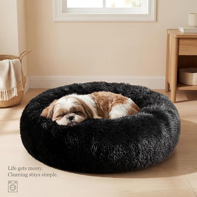 Calming Donut Dogs Beds for Small Dogs Washable,23inch Plush Round Pet Bed for Cozy Sleep,Fluffy Faux Fur Large Cat Bed,Fits up to 25 lbs Pets,Black