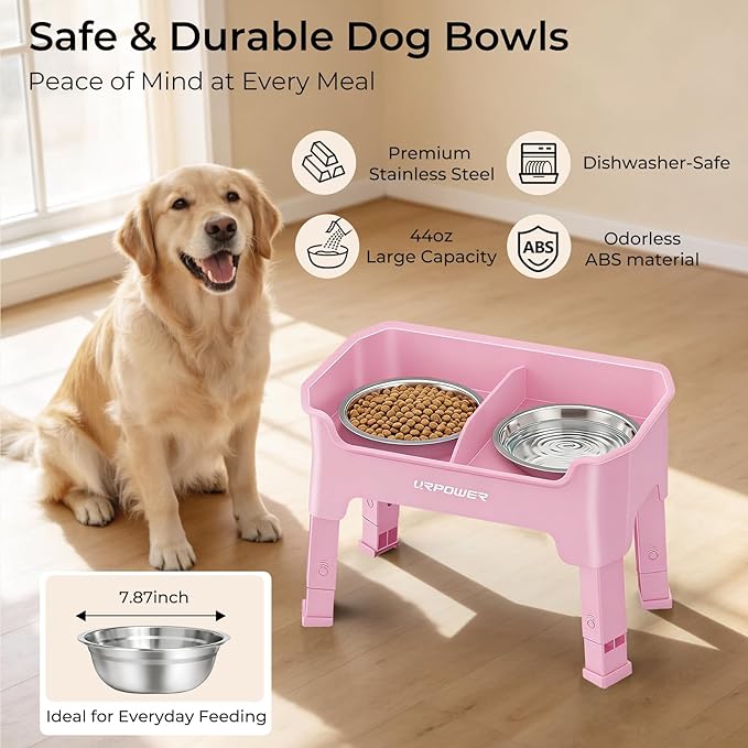 URPOWER Mess Proof Elevated Dog Bowls 4 Height Adjustable Raised Bowl Stand with 2 Stainless Steel Dog Bowls Non-Slip Food and Water Bowl Set for Small, Medium, Large Dogs, Pink