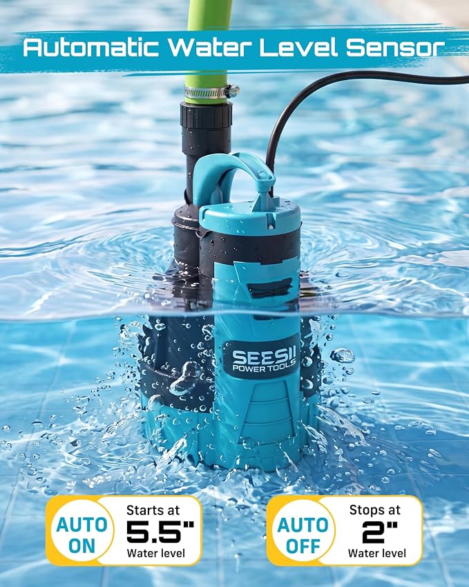SEESII 1HP Automatic Submersible Water Pump - 5548 GPH High Flow | Auto/Manual Modes, Sump Pump with Dry Run Protection for Fast Water Removal from Pools, Hot Tubs, Basements, Ponds and Yards