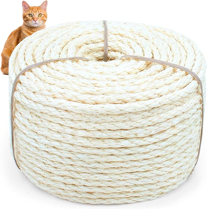 Sisal Rope for Cat Scratcher, Cymuber 6mm Cat Sisal Rope for Replace Scratching Post and Scratcher Repair, DIY Hemp Twine for Tree Tower Carpet Mat Kicker House Pet Toy and Crafts(164-Feet/50M)