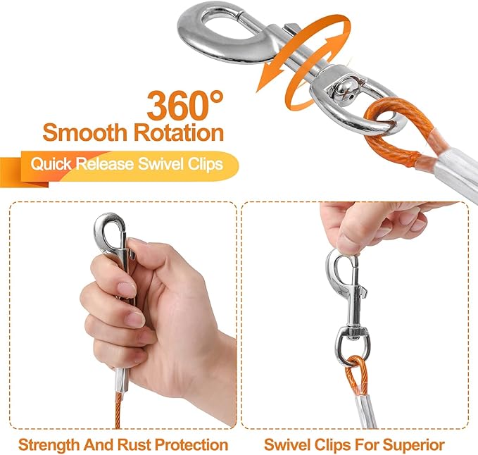 Tie Out Cable for Dogs,10/20/30/50/100FT Dog Leads for Yard Chew Proof,Heavy Duty Tie Out Cable for Large Dogs Up to 125lbs,Dog Runner Tether (Orange, 125Ibs 20ft)