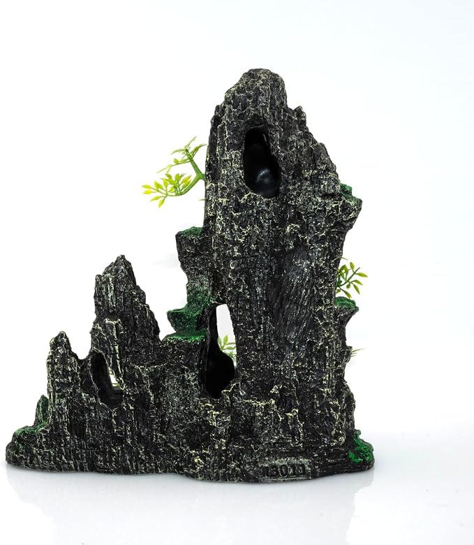 Aquarium Mountain View Stone Ornament, Large Resin Hideout Cave for Betta & Shrimp, Fish Tank Decor Rock Cave with Fish Cave and Hideouts (10.63" x 6.30" x 10.24")