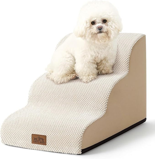 COZY KISS Dog Stairs for Small Dogs 15.7" H, Curved Dog Step for Puppy, Older Cat, Medium Pet Ramp for Sofa, Couch or Chair, Ladder with High Density Foam, 3 Step, 15.7x22.4x15.7 inch, Beige