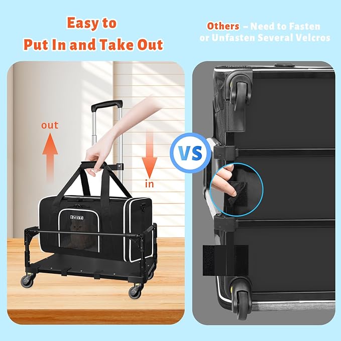 Petskd Small Pet Carrier with Wheels (17" L x 12" W x 8.5" H), JetBlue/Allegiant/Spirit Airlines Approved, Rolling Pet Carrier for Small Dogs & Cats (Black)