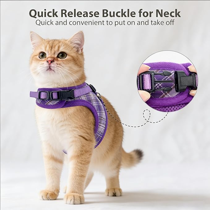 AIITLE Adjustable Bunny Harness & Leash Set - Soft Mesh Liner, Comfort Fit Plaid Pattern Vest with Magic Tape Design, Portable for Small Animal Pets Rat Squirrel Ferret Puppy Cat, Purple L