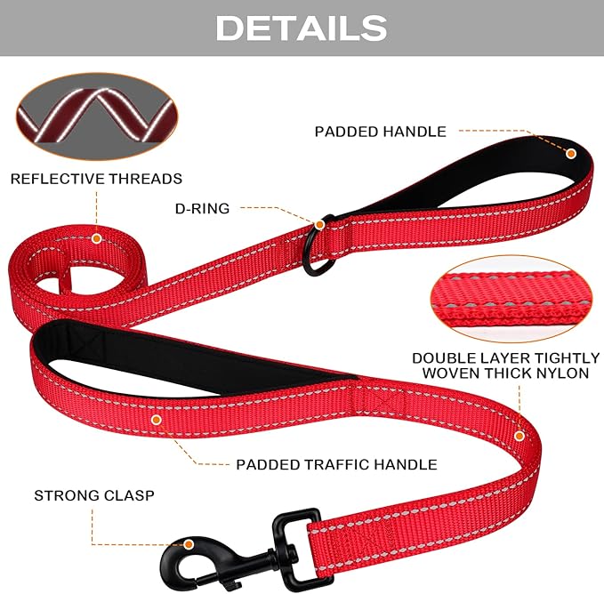 Joytale Dog Leash Heavy Duty for Large Dogs that Pull, Double Handle for Traffic Control, Double-Sided Reflective Leashes for Large Medium Dogs Night Safety, 5FT, Red