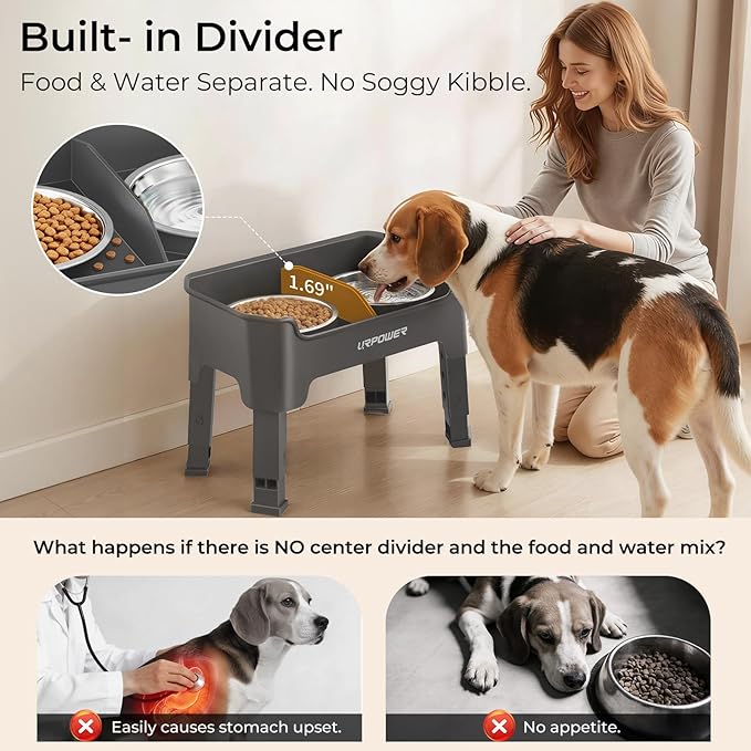 URPOWER Mess Proof Elevated Dog Bowls 4 Height Adjustable Raised Bowl Stand with 2 Stainless Steel Dog Bowls Non-Slip Food and Water Bowl Set for Small and Medium Dogs,Grey