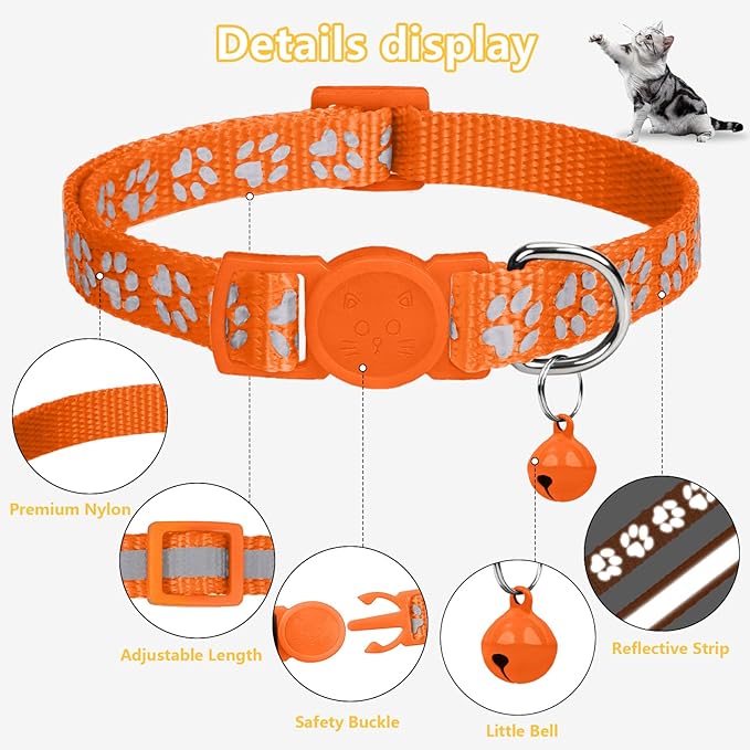 Taglory Reflective Cat Collar Breakaway with Bell, High Visibility Night Strip, Lightweight Adjustable Nylon Collar for Boy Girl Cats, 2 Pack, 7.5-12.5 Inch, Orange