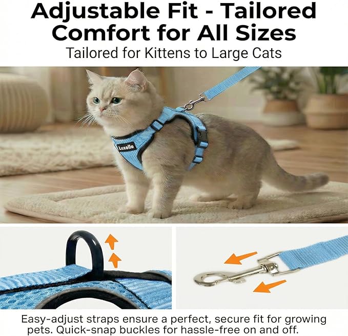 Luxelle 2 Pack Escape-Proof Cat Harness and Leash Set for Walking – Adjustable No Pull Soft Vest with Easy-Wear Buckle, Reflective Straps, Breathable Mesh – Outdoor Travel Harness for Cats & Kittens