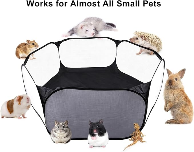 Small Animal Playpen, Portable 6-Sided Foldable Yard Fence for Rabbits, Hamsters, Chinchillas, Hedgehogs, High-Strength Steel Mesh Tent for Indoor & Outdoor Use (Black)