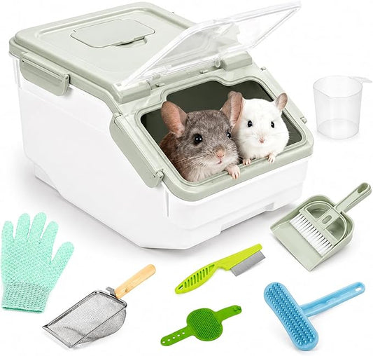 Extra Large Chinchilla Sand Bath Container Kit, Plastic Chinchilla Dust Bath House with Wash and Care Accessories, Dust Bathtub for Hamster Hedgehog Guinea Pig and Other Small Animals