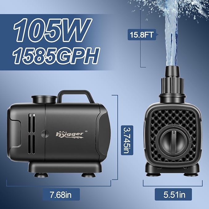 hygger 2-in-1 1585GPH Submersible Pump 105W,Side and Bottom Suction Fountain Water Pump with 15.8ft High Lift,Water Change with 4 Interchangeable Nozzles for Aquarium, Fish Tank, Hydroponics,Pond