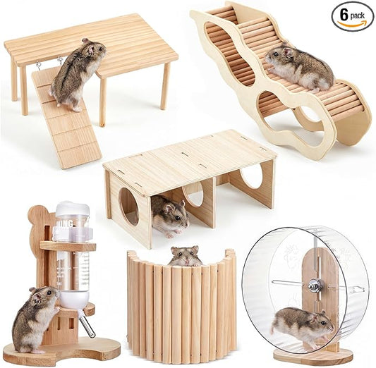 6 Pcs Hamster Toys Set, Maze Wood House, Climbing Ladder Wooden Bridge Tunnel Toy Platform Silent Exercise Running Wheels and Water Bottle Set for Rat Guinea Pig Habitat Cage(Premium)