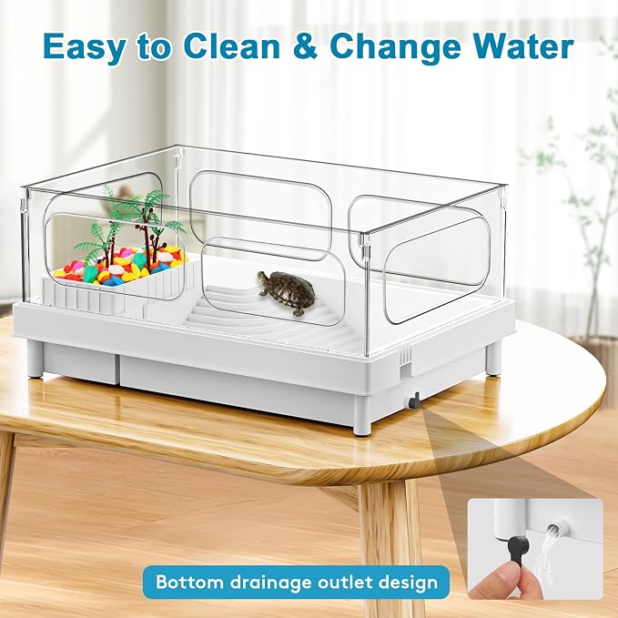 Small Turtle Tank with Filter for Baby Turtles | White Clear-Panel Habitat, with Basking Platform and Bottom Drain, Low-Water Starter Aquarium, for Crabs and Small Reptiles