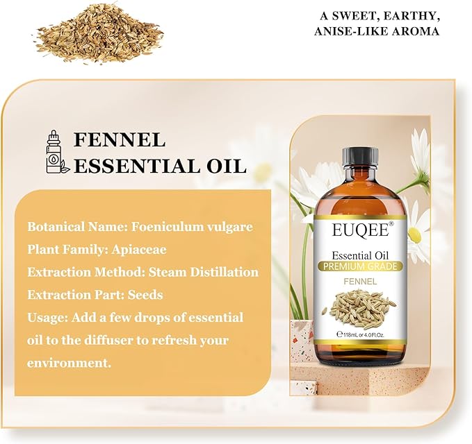 EUQEE Fennel Essential Oil 4Fl.Oz Pure Fennel Oil with Glass Dropper for Skin, Aromatherapy, Diffuser, Soap Making, Candle Making - 118ml