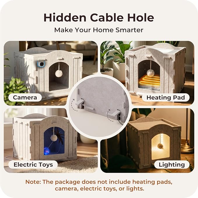 Apasiri Cat Bed Cave for Indoor Cats: New Felt Cat Bed with Fluffy Ball, Foldable Cat House with Scratch-Resistant Board, Hideaway Cat Cave for Timid Cats, Sturdy Two-Tier Cat Condo & Cat Houses